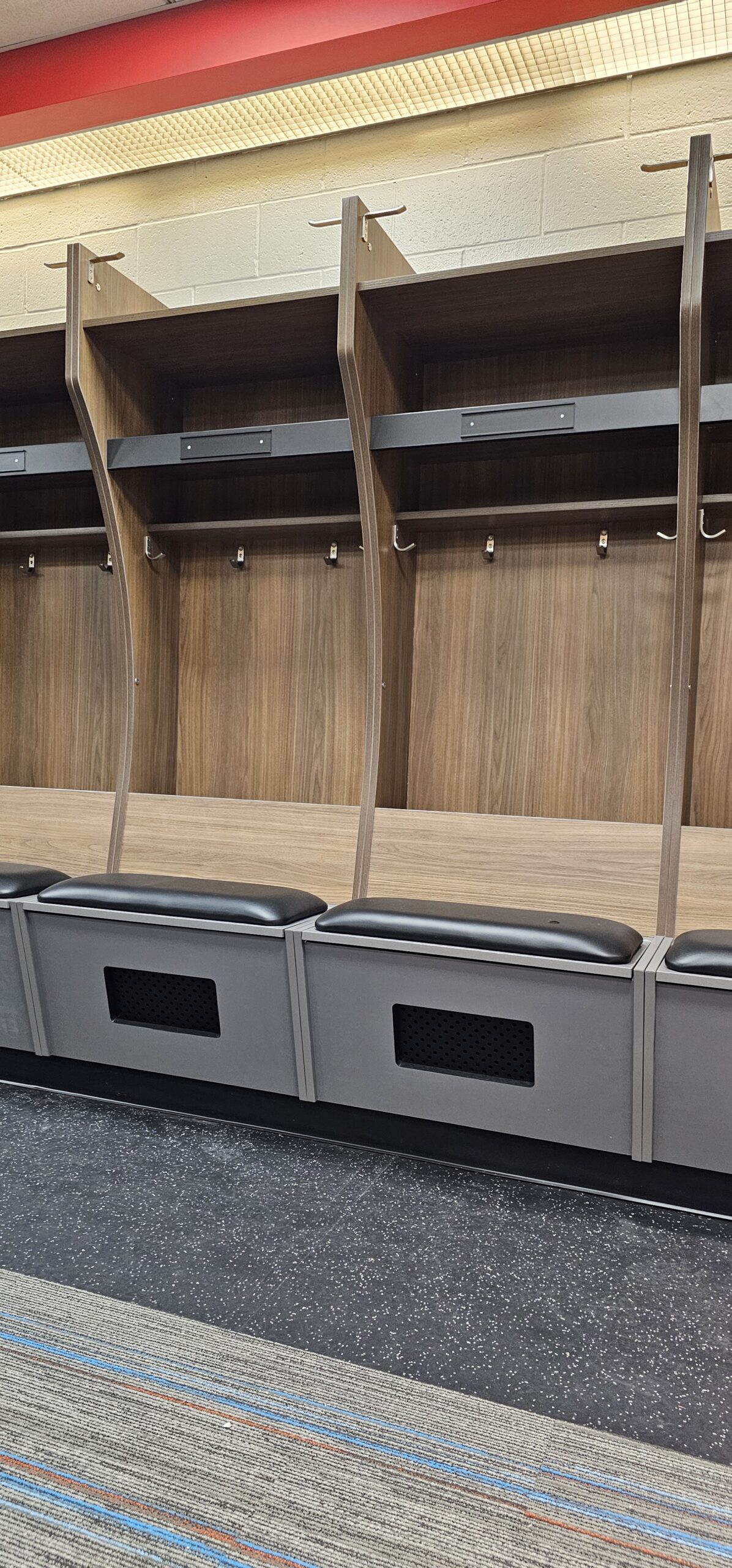 Photo of custom hockey locker room with two different wood tone.