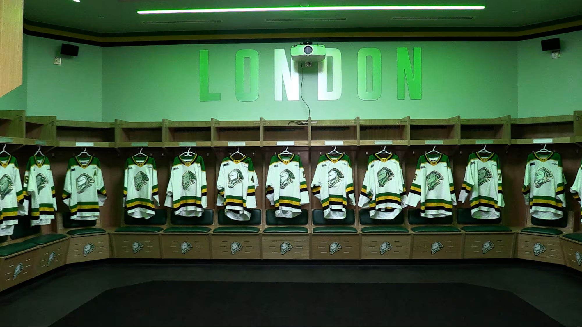 Photo of custom hockey locker room with white oak laminate with a seat cushing and backrest.